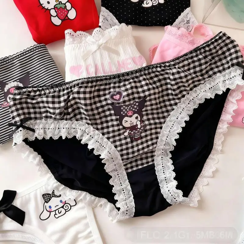 Sanrio Sexy Underwear Women Sweet Briefs Underwear Print Cute Bow Lace Sexy Comfort Student Cotton Briefs Girl
