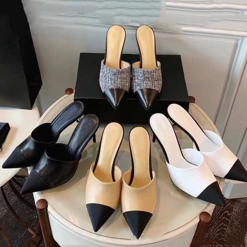 

Pearl Heel Pointed Single Shoes Spring/Summer New European and American Slim Heels Colored Light Mouth Lazy High Heel Slippers