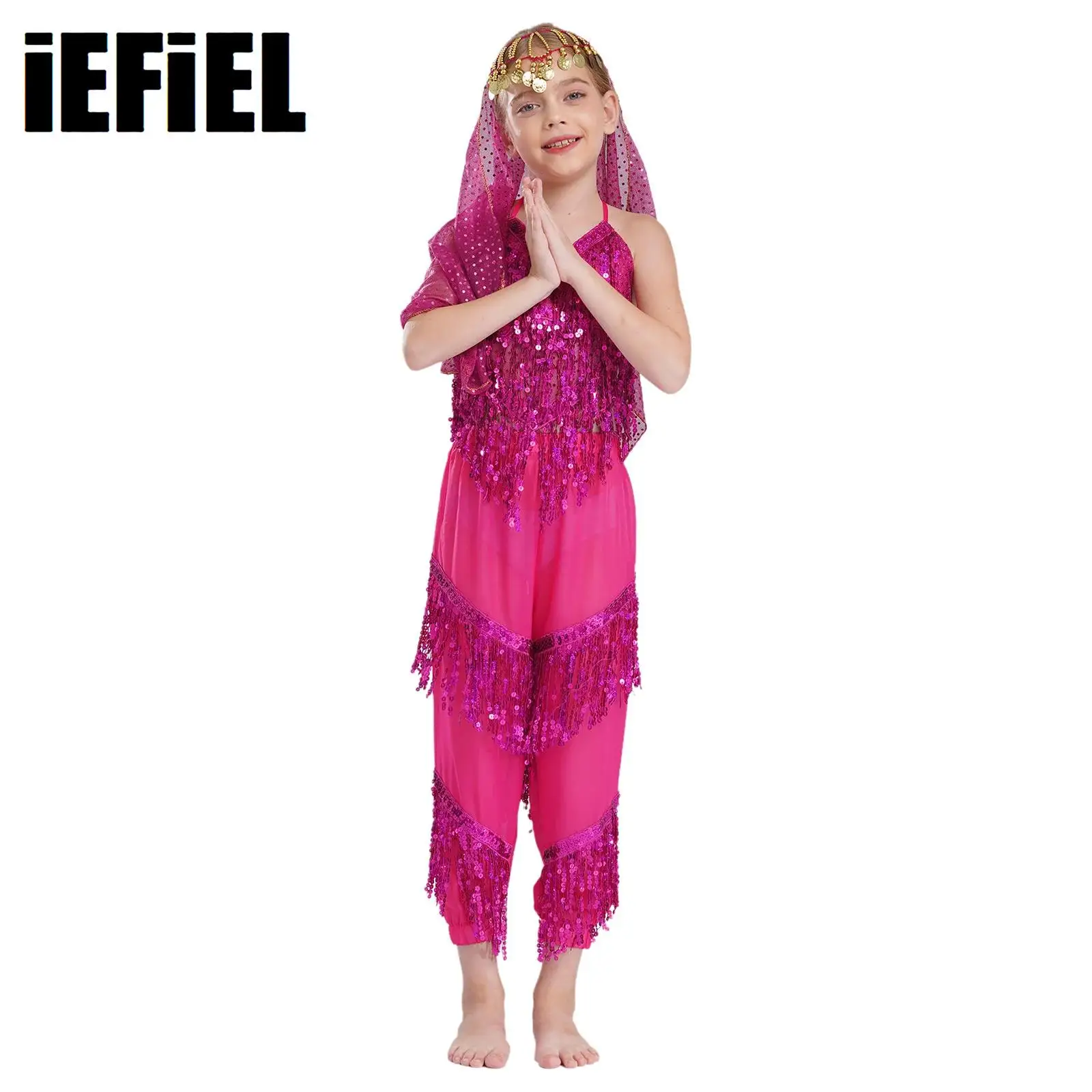 Kids Girls Tassel Belly Dance Outfit Shiny Sequins Halter Self-Tie Irregular Hem Crop Top with Pants Headscarf