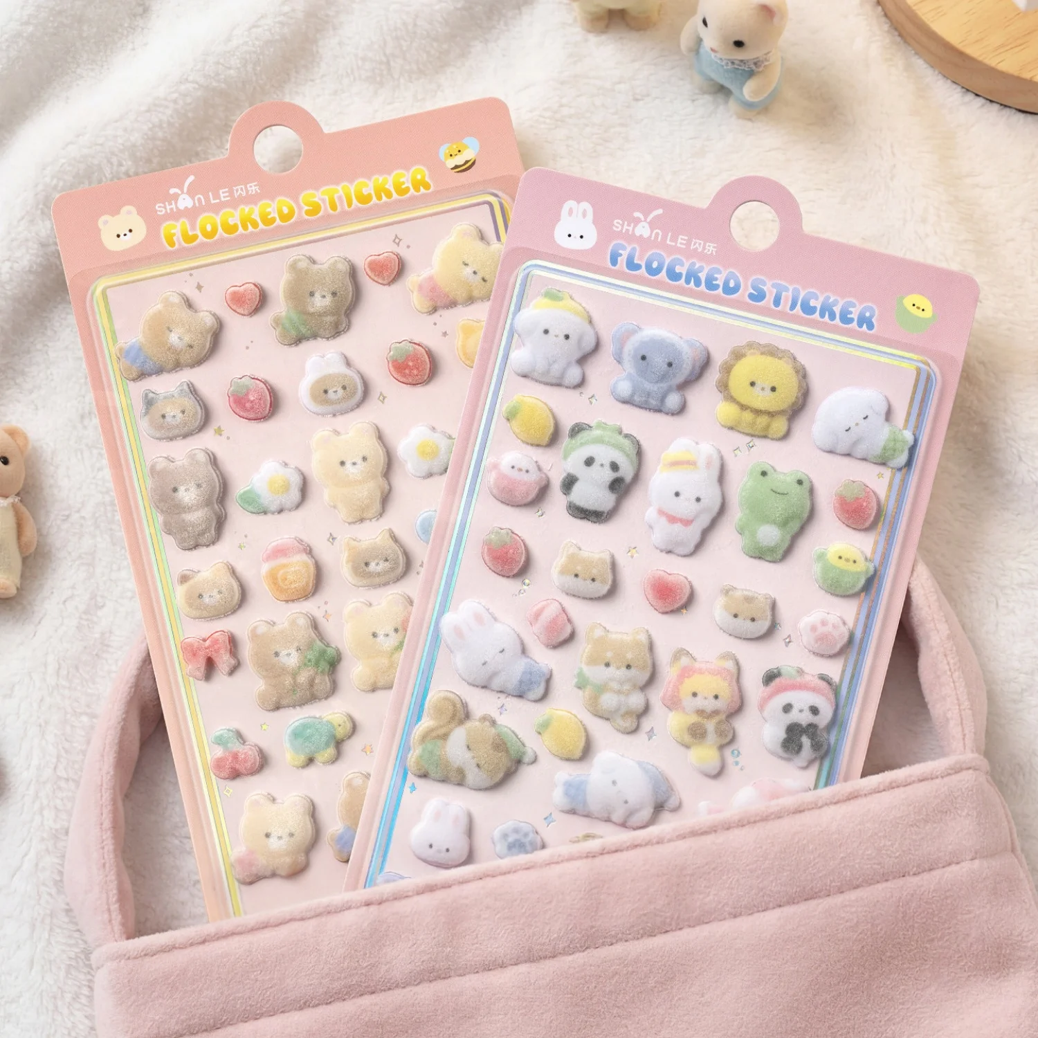 Kawaii Bear Cat Cartoon Animals Flocked 3D Relief Stickers Journaling DIY Diary Cute Stationery Sticker Decor School Supplies
