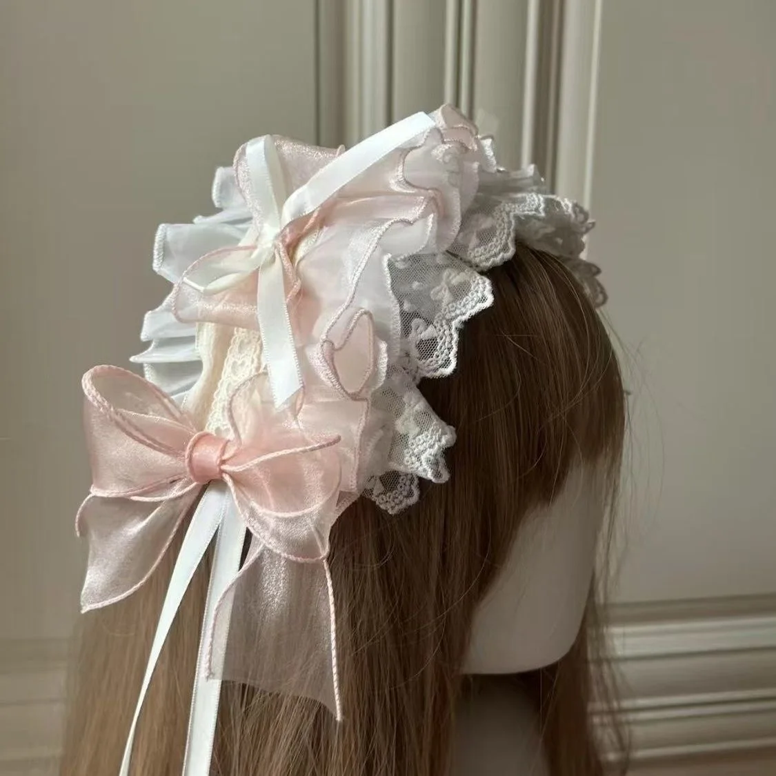 ロリータ フリル ヘッドバンド スウィート ピンク ちょう結び レース リボン リボン ヘアバンド ヘアピン付き アニメ メイド コスプレ ヘッドドレス