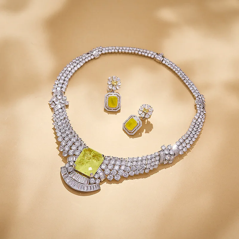 Luxury Emerald Jewelry Set Gold Plated Cubic Zirconia Necklace Earrings Elegant Dinner Party Accessories for Women
