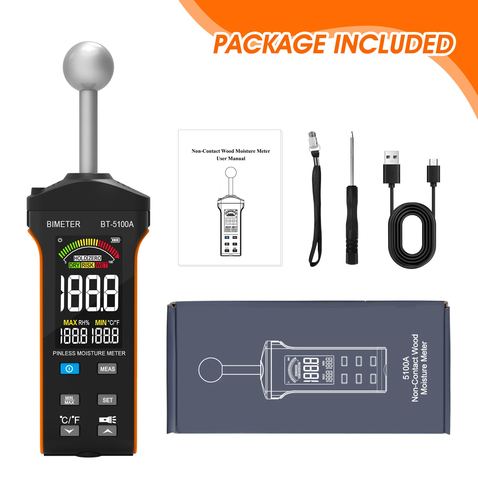 Pinless Wood Moisture Meter Non-Contact Moisture Detector 0-100% with Temperature Humidity Display LED Flashlight for Wood