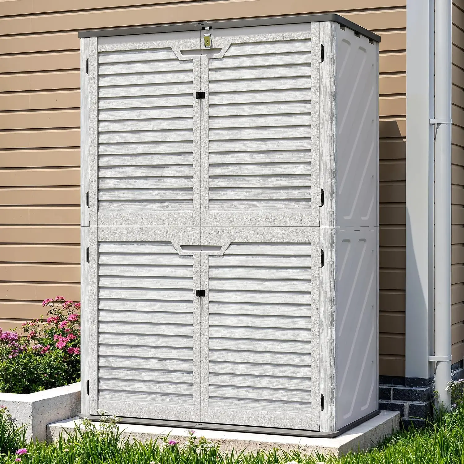 65 Cu.Ft Outdoor Storage Shed Lockable Vertical Resin Cabinet with Floor All-Weather Waterproof Garden Backyard Pool, Customized
