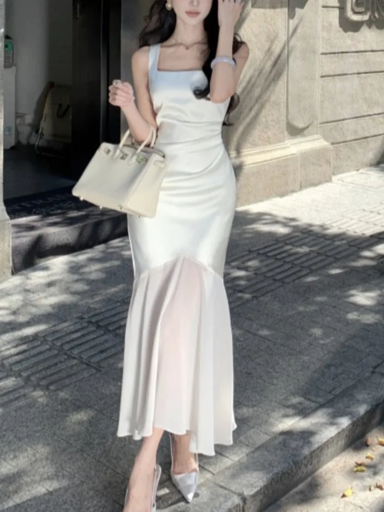 

Spring Summer Women Elegant Chic Satin Midi Party Dress Square Neck Sleeveless Slim Long Dresses Vintage Fashion Clothes Robe