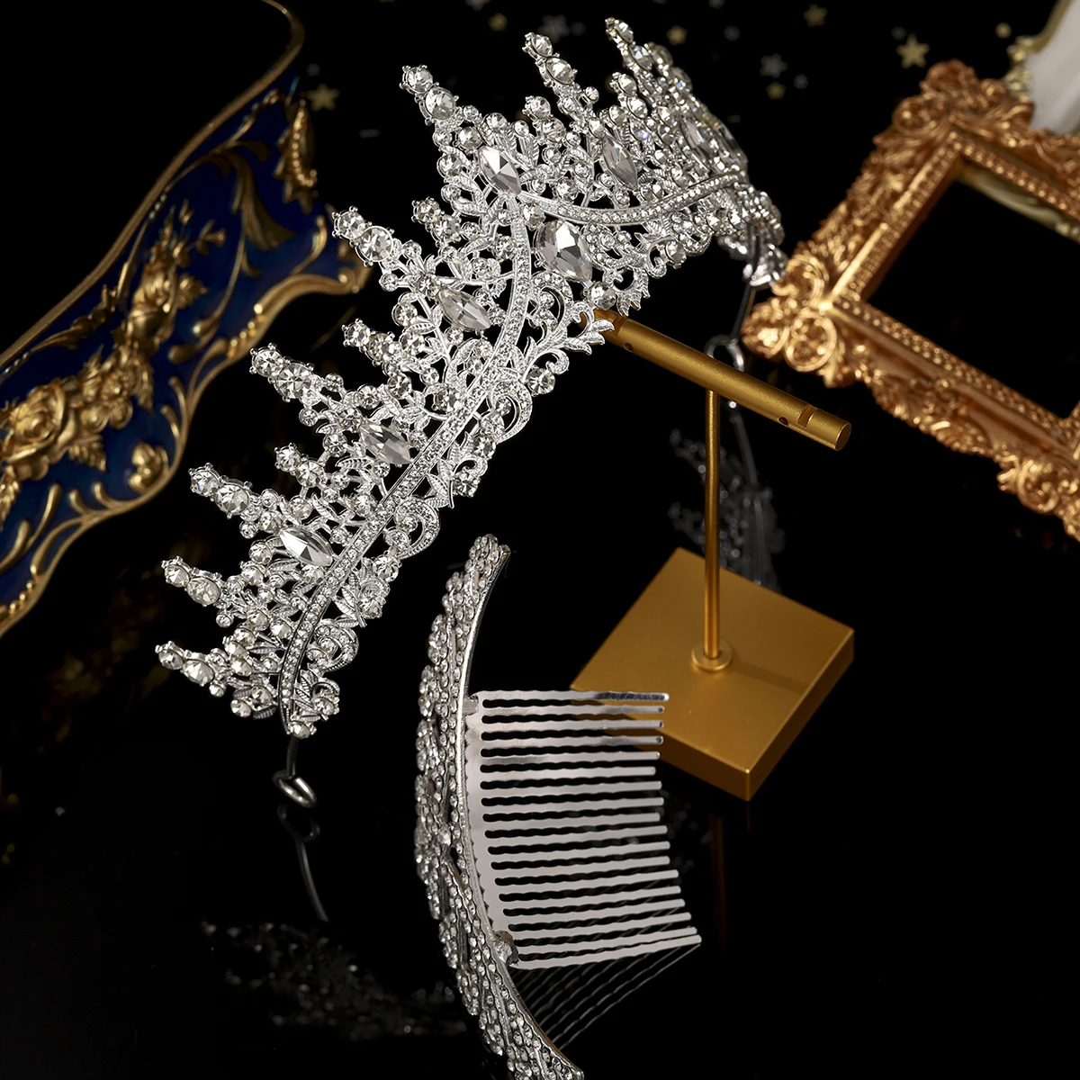 مجموعة تيارا الزفاف الكريستالية الرائعة من الفضة، تاج لطيف مع أمشاط الشعر، أغطية الرأس لحفلات الأم والبنت، إكسسوارات الشعر #4