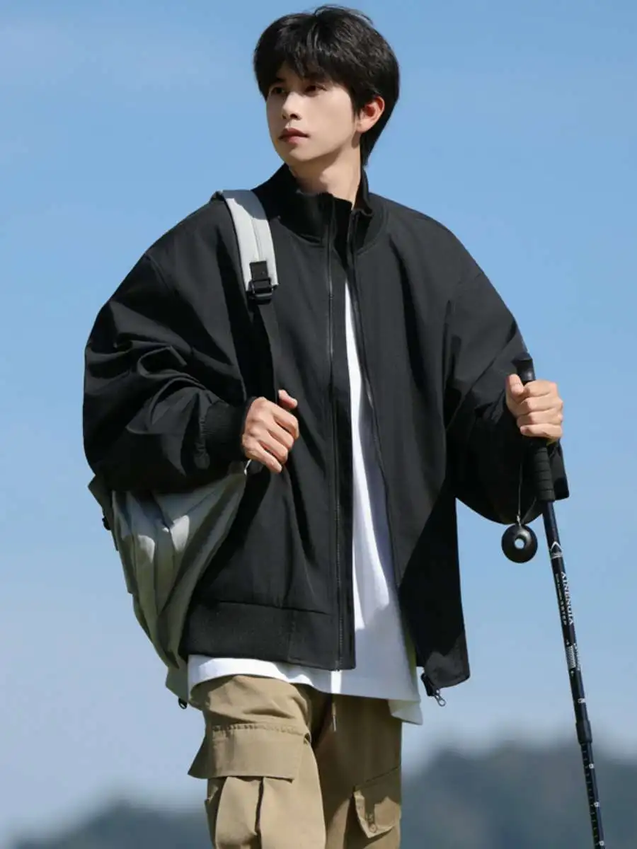 Chaqueta Corta Estilo Piloto Estudiantil, Moda Masculina, Ropa de Calle Otoñal, Chaqueta de Béisbol con Cuello Alto, Tejido d...