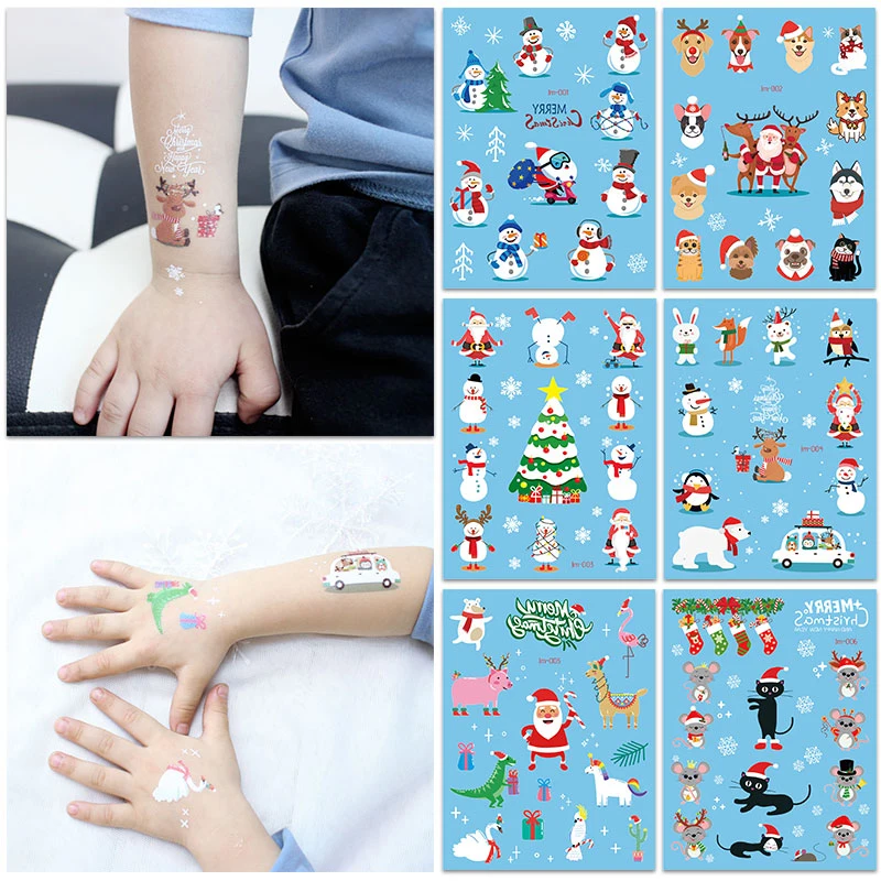 VeeCharm-tatuajes temporales de Navidad para niños, temática navideña con Papá Noel/Reno/muñeco de nieve/pingüino, tocking stufpers, 1/15 hojas