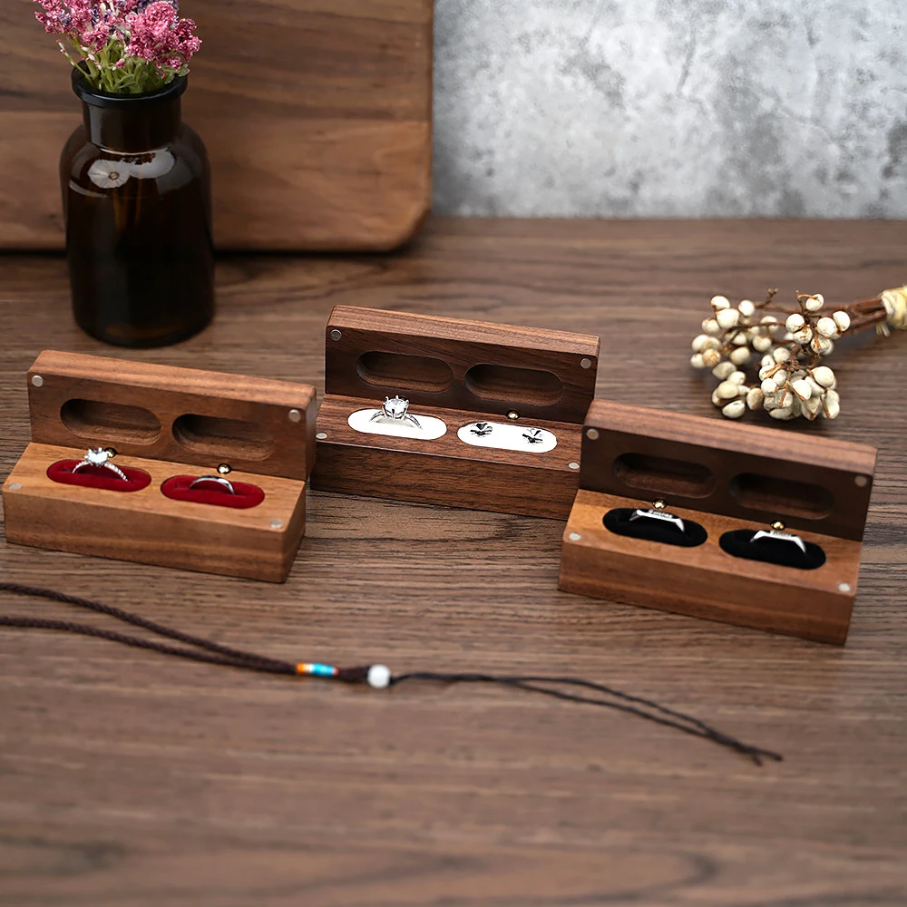 

Wood Double Ring Box Walnut Wooden Box Jewelry Box Display Box Engagement Wedding Couples Ring Storage Holder