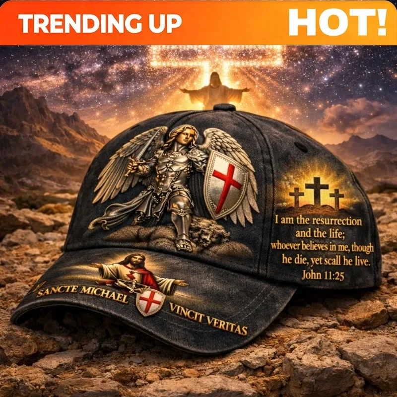 Remarkable Saint Michael Themed Cap With Powerful Biblical Verse And Iconic Christian Symbols For Highly Significant Collectible