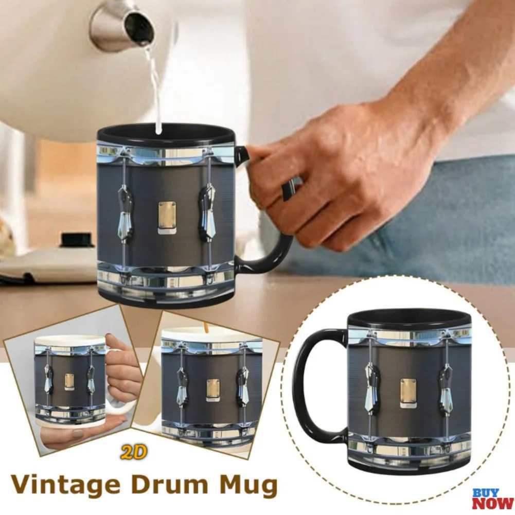 

2D 13.5OZ Black Vintage Drum Mug Funny Tea Coffee Juice Water Cup Home Office Drinkware Ceramic Mug Drumming Gifts For Men