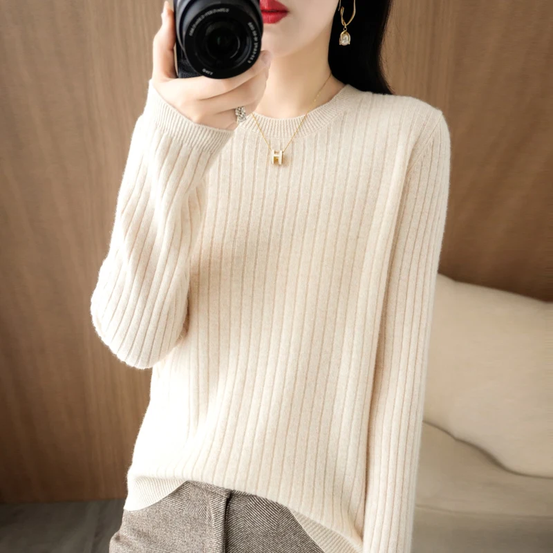 2026 Damen-Pullover Herbst Winter Langarm-Pullovers mit O-Ausschnitt, gestreift, warm, koreanische Mode, als Unterhemd tragbar, lockerer Jumper – Detail 8