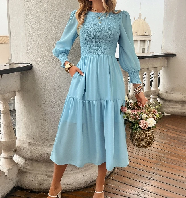 

Women's Dress 2024 Autumn Winter Latest Elegant Round Neck Bubble Sleeves Long Sleeves Maxi Dress Solid Color Waist Long Skirt