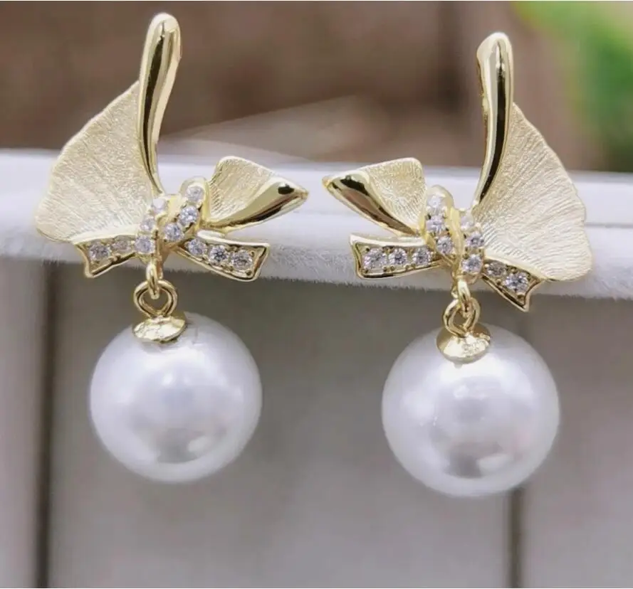 charming pair of 10-11mm 9-10mm south sea round white pearl dangle earring 925s