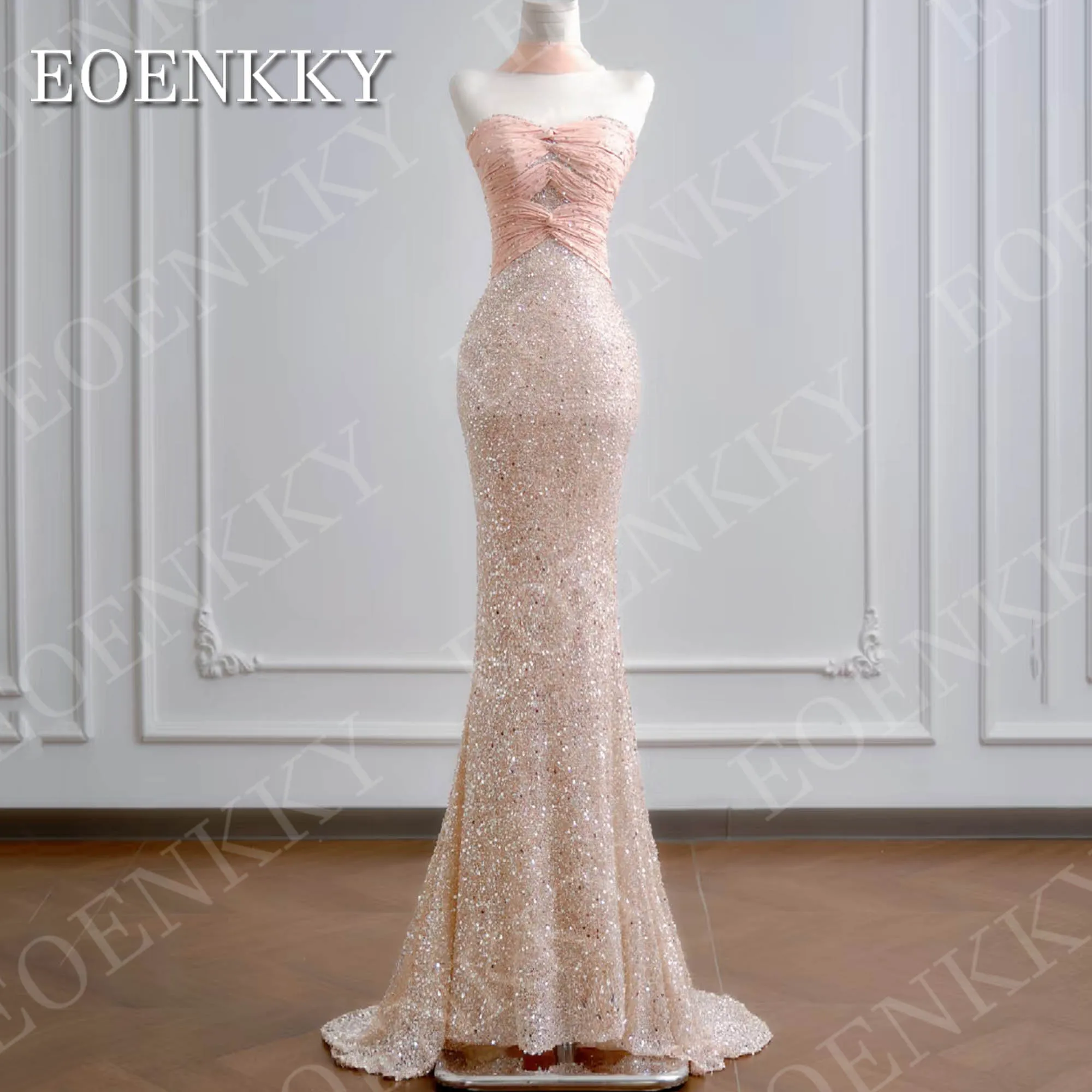 ชุดราตรีทรงเมอร์เมดแบบไม่มีสาย ปรับแต่งได้ แขนกุด หรูหรา ประดับเลื่อม คอวี สำหรับงานปาร์ตี้