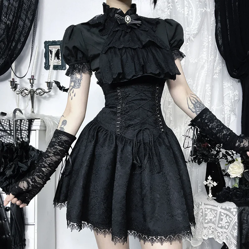 Goth Dark Fashion Girdling Waist Bandage Mini Skirts Mall Gothic Lace Patchwork Pleated Skirts for Women Teachwear Fairy Outfits