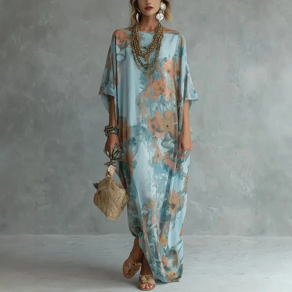 

2026 Autumn New Women V Neck Print Waist Cinched Ruffle Trim Loose Temperament Versatile Long Dress Fashion Vacation Style