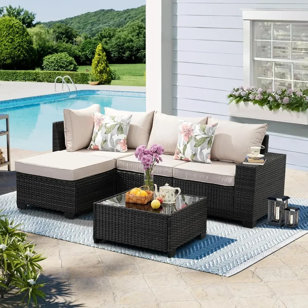 

5-piece Set of Terrace Furniture, Wicker Outdoor Combination Sofa with Cushions and Coffee Table, Wide Armrest Terrace
