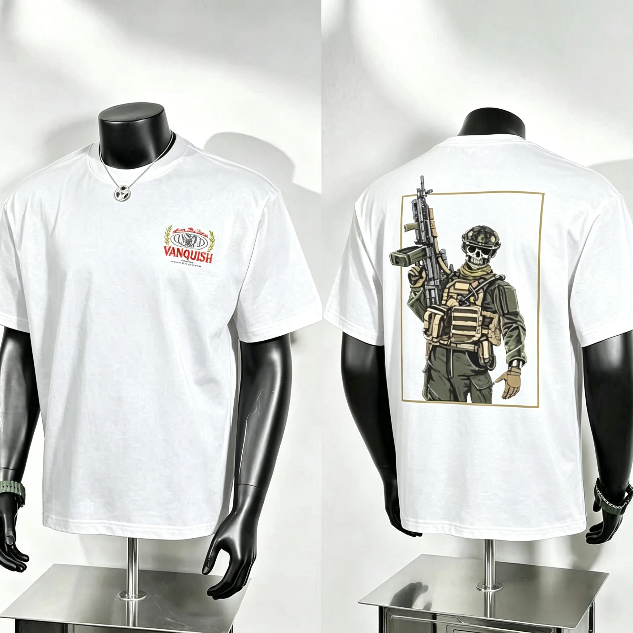 Vanquish Graphic T Shirt, Mini Laurel Wreath Chest Badge and Large Gold‑Framed Skeleton Tactical Soldier Holding Rifle Back Prin
