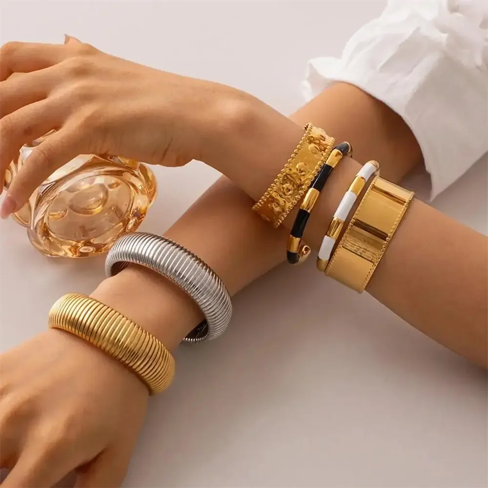 Waterproof Stainless Steel Texture Flex Snake Chain Cuff Bracelet  Retro Elasticity Thick Metal Polish 18K Gold Plated Bangle