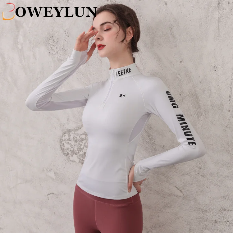 

BOWEYLUN Letter Stand-up Collar Half-zipper Sports Long-sleeved Women Tight Running Training T-shirt Yoga Clothing Tops Female