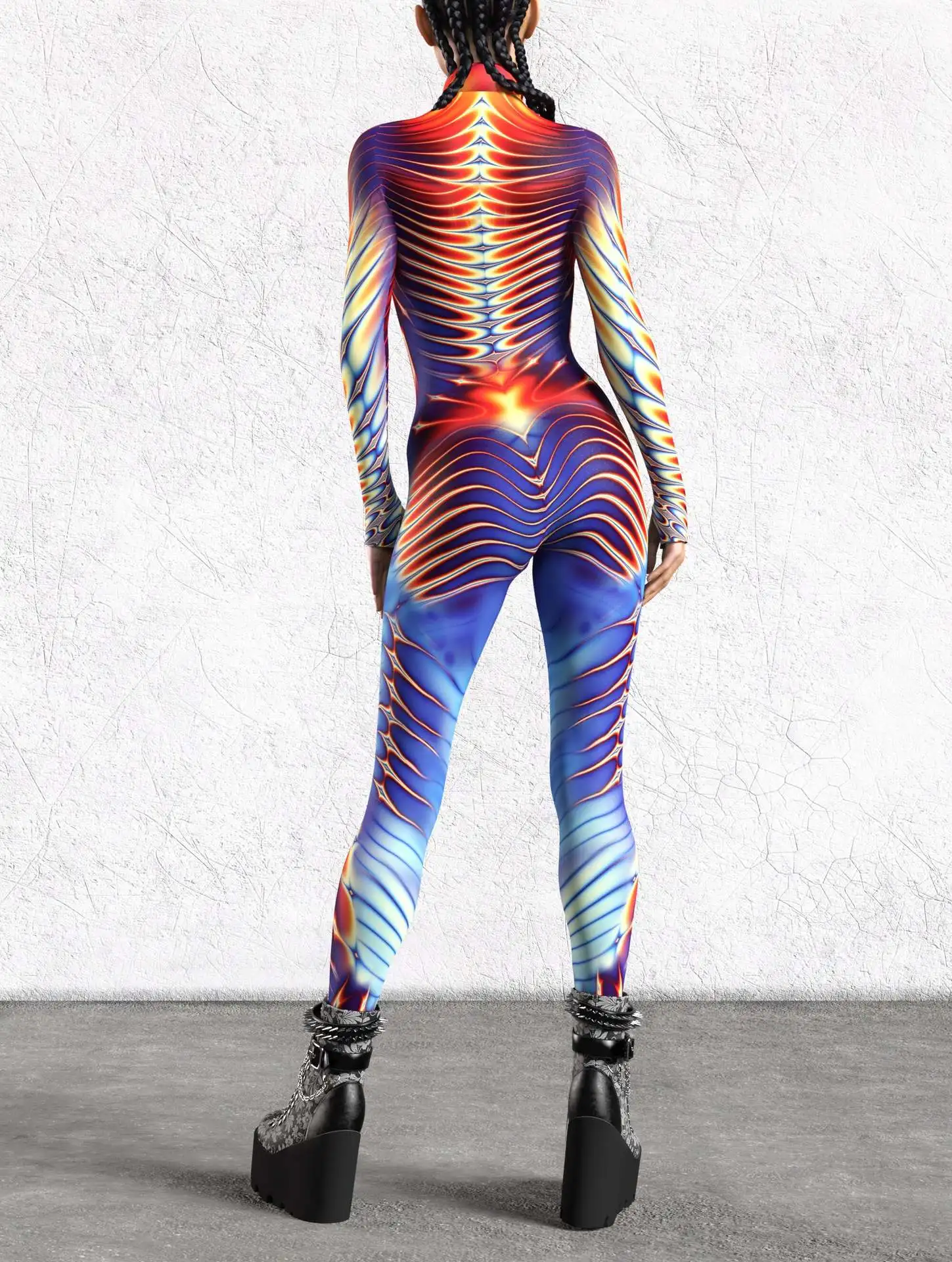 Bunt bedruckter Damen-Jumpsuit für Urlaub und Party, Punk-Zentai, Rave-Outfit, Yoga-Catsuit, Fahrrad- und Halloween-Anzug – Detail 13