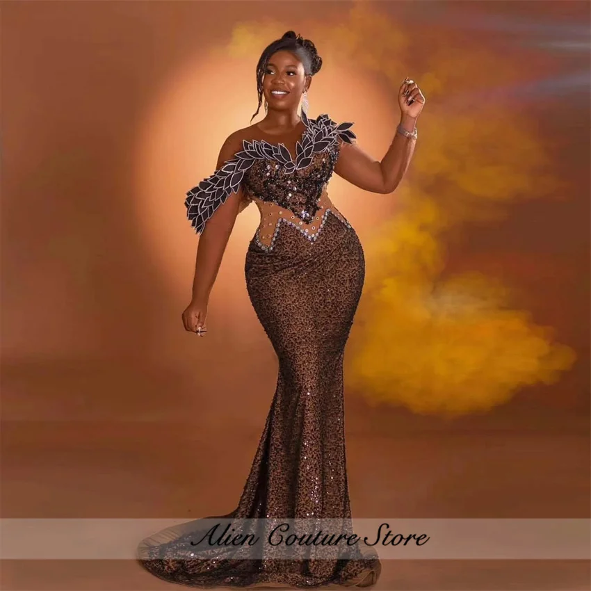 

Sequins Brown Evening Dresses Off The Shoulder Mermaid Prom Dress Diamonds Beading Party Gowns Custom Made Vestidos