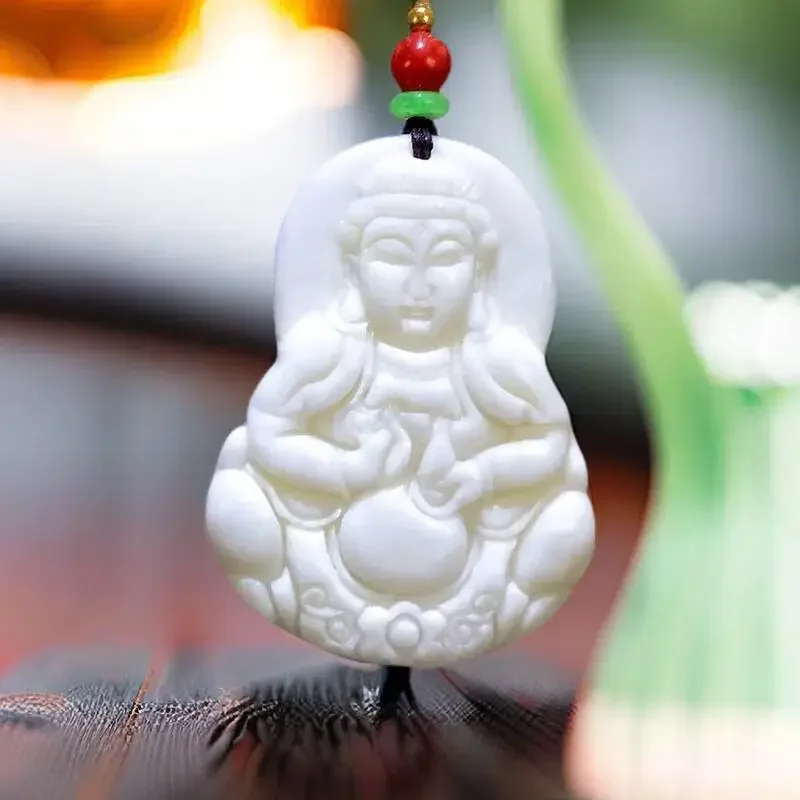 

Natural White Real Jade Guanyin Pendant Necklace Fashion Gemstones Vintage Gift Accessories Carved Jewelry Amulet Talismans