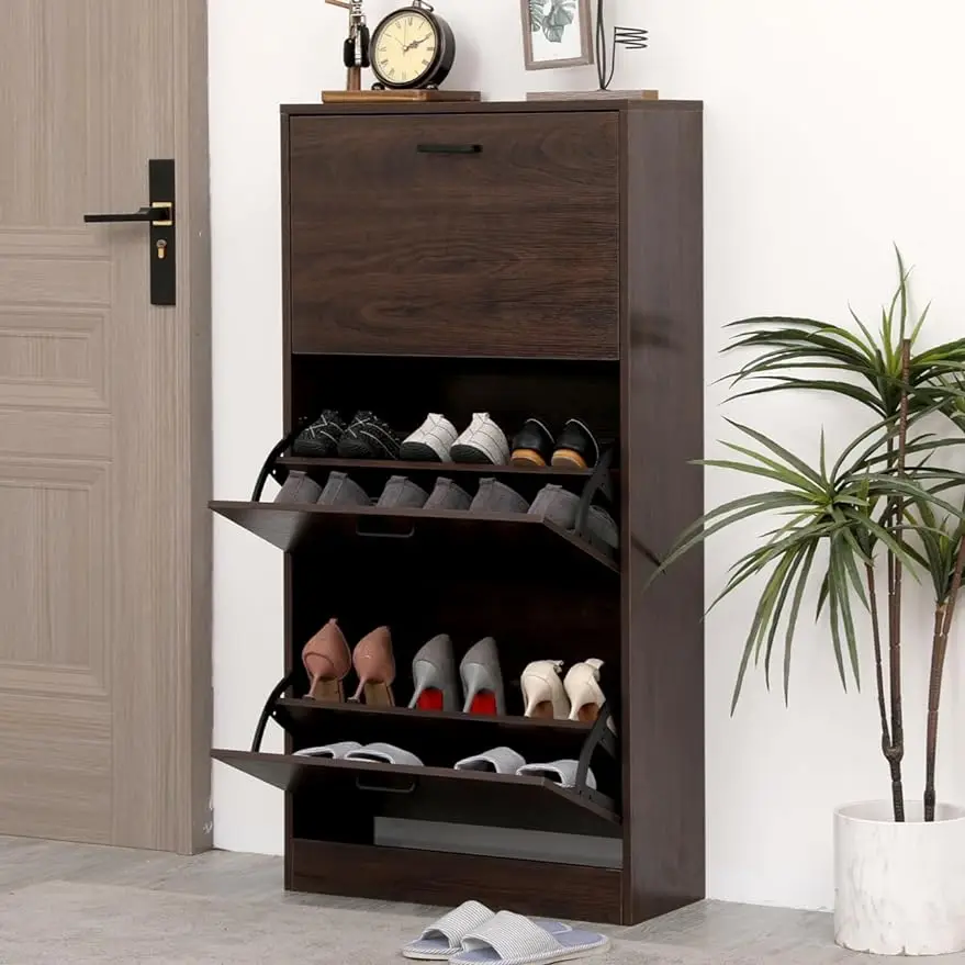 

Shoe Cabinet with 3 Flip Drawers, Walnut Brown Freestanding Storage Racks for Entryway Hidden Narrow Shoe Organizers