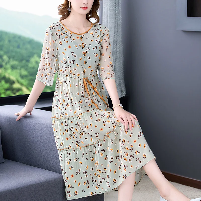 

2023 New Fashion Silk Printed Silk Silk Dress Women's Elegant Fragmented Round Neck Loose Fit Casual Holiday Dress Vestidos