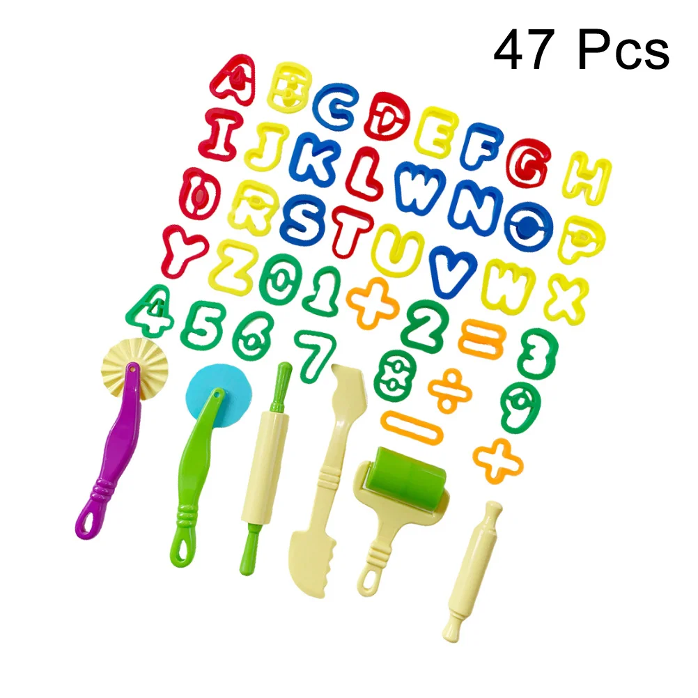 47-teiliges farbiges Tonform-Set für Kinder, DIY-Schneidwerkzeuge mit Buchstaben- und Zahlenstempel, mehrfarbiges Modellierset für frühes Lernen