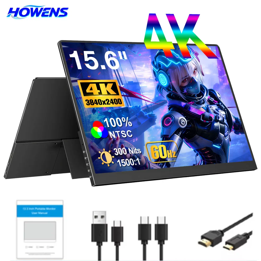 

HOWENS 15.6 Inch 4K Portable Monitor 16:10 IPS Screen Type-c Mini Hdmi Second Display for MAC/Laptop/PC/Xbox/PS4/5/Switch,Z1RC