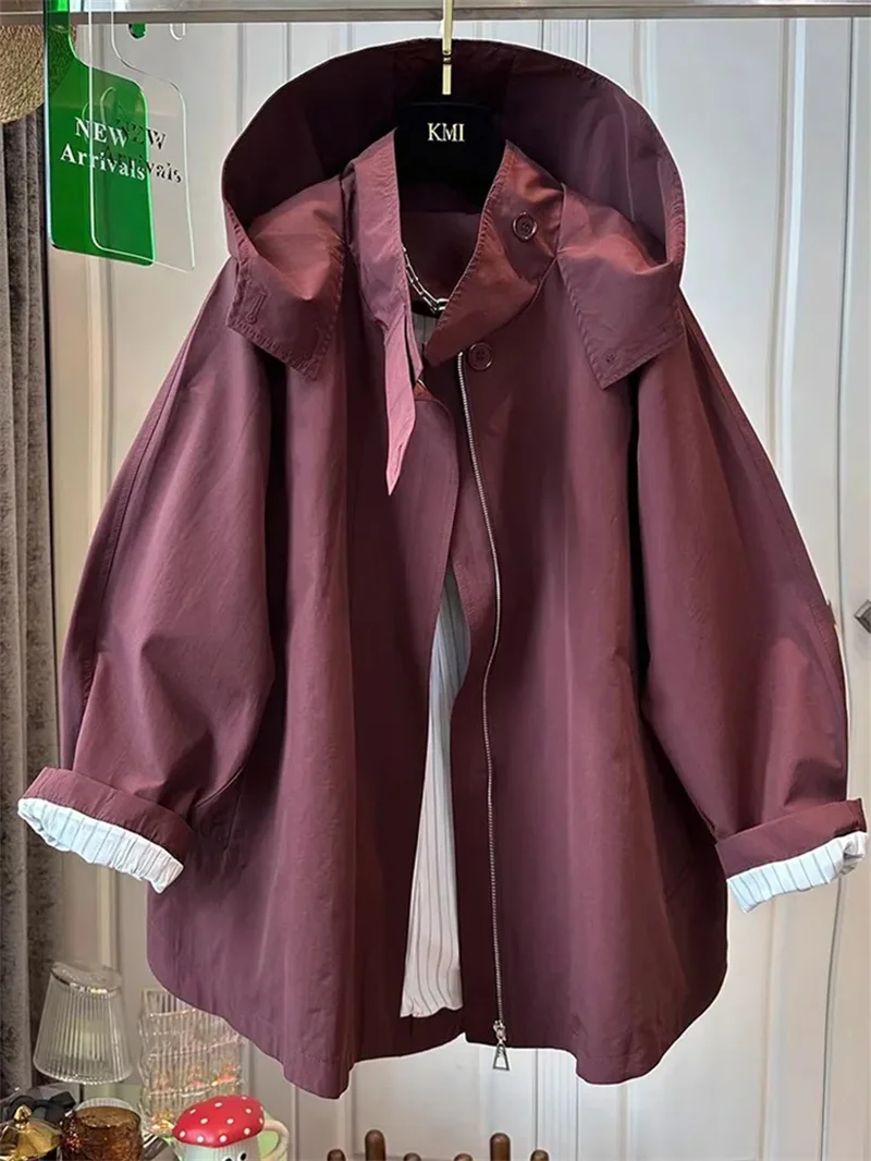 Loose Hooded Trench Coat Hooded Spring Plus Size Slimming Short Jacket Versatile Baseball Jacket Windbreaker Female Purple Trend