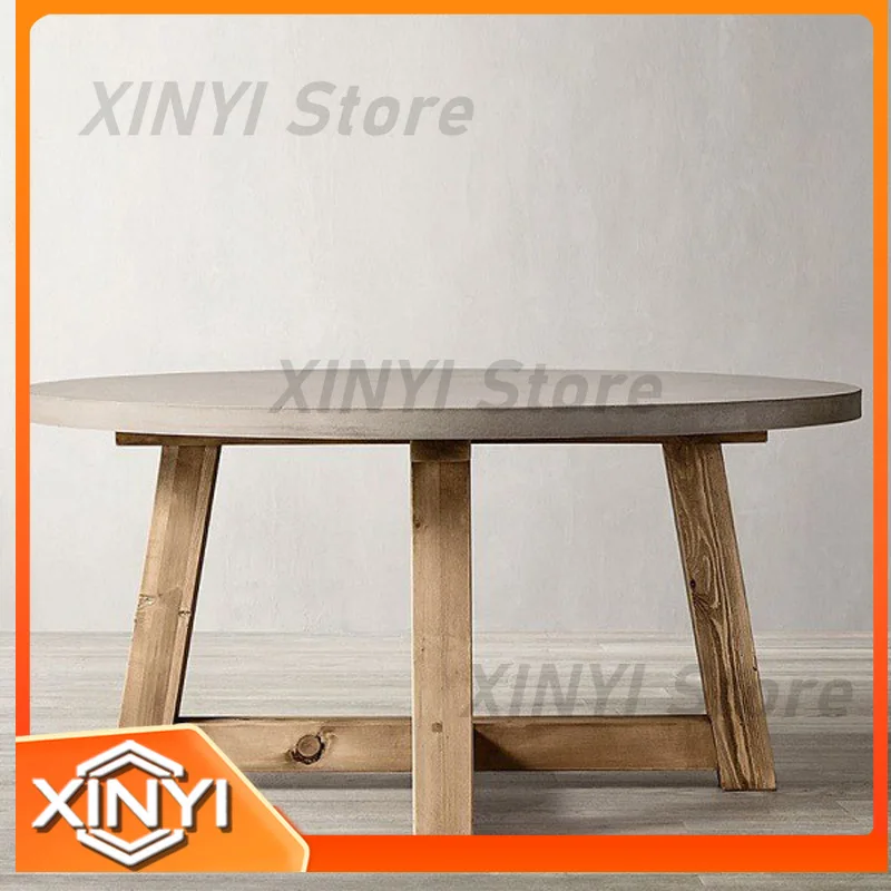Wabi-Sabi Nordic Solid Wood Dining Table for American Retro Cement Round Table for Home Use French Minimalist Cement-Look