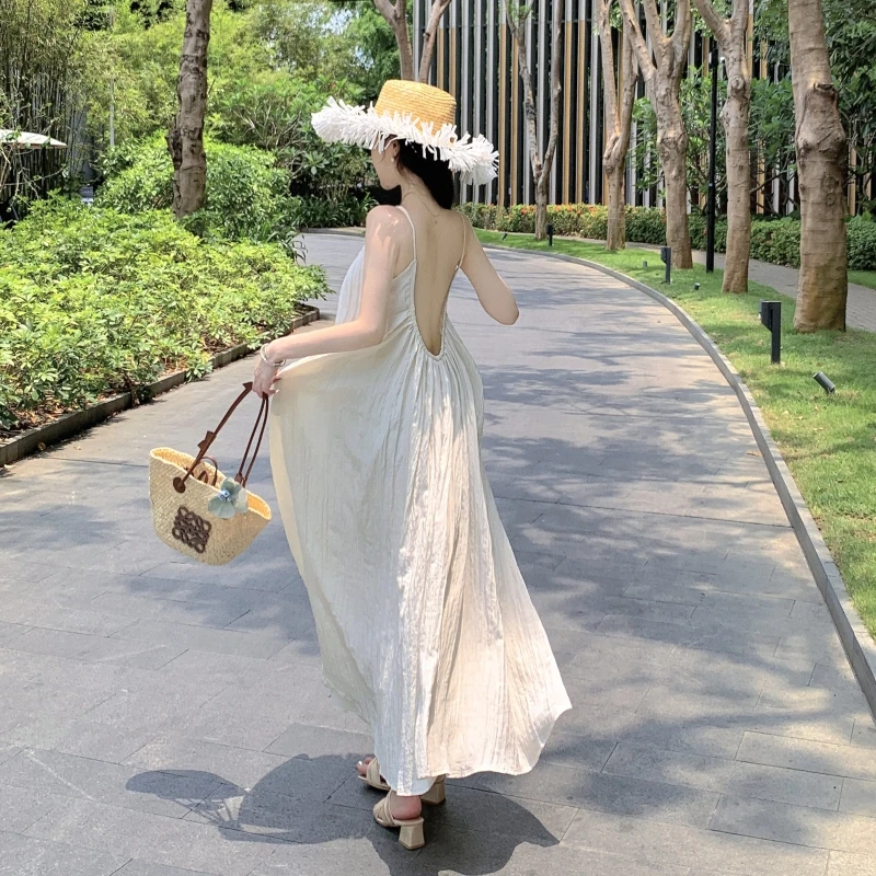 

2024 New Summer Fairy Strappy Simple Dress Women Loose Long Backless Lolita Robe Party Vacation Female Sweet Tender Dresses