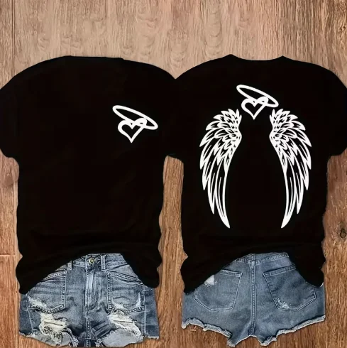 Casual Crew-Neck T-Shirt with Double-Sided Print: Wings and Heart Motif