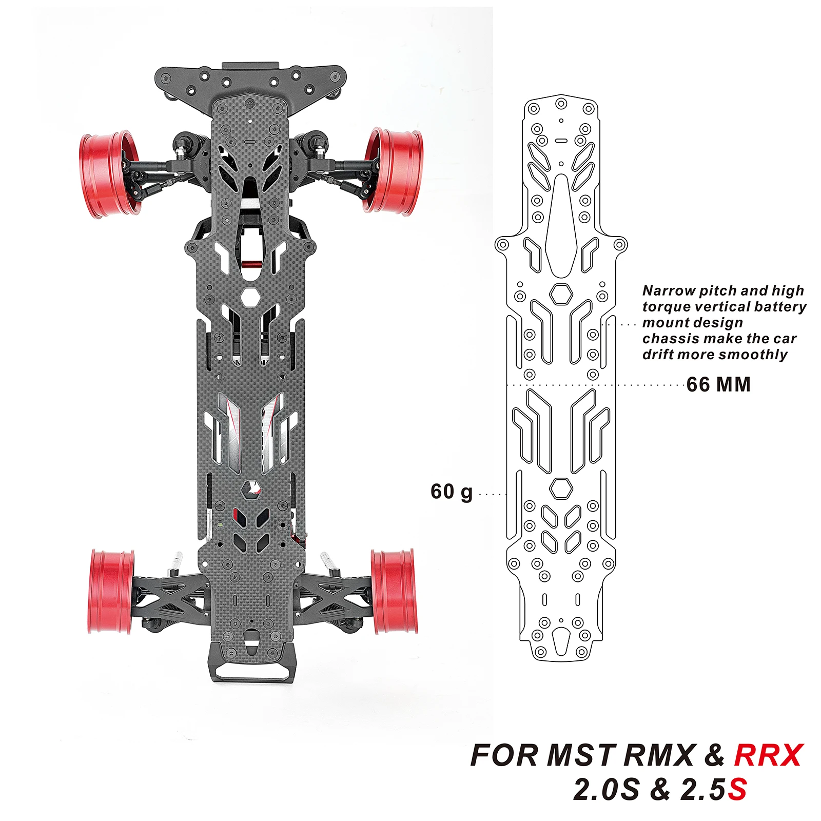 Narrow Vertical High Traction Carbon Fiber Chassis and Battery Holder for MST RMX & RRX 2.0S &2.5S 1:10 Drift Car