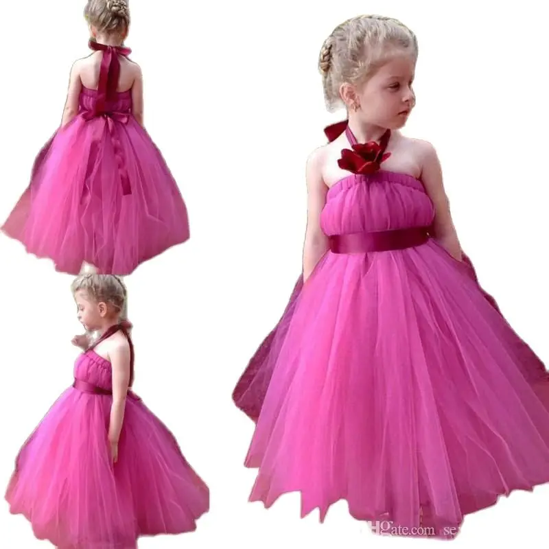 Vestidos sencillos de flores para niña, vestidos largos de tul Fushia con banda de cinta, vestido de fiesta de boda para bebé, Forma barata para niños