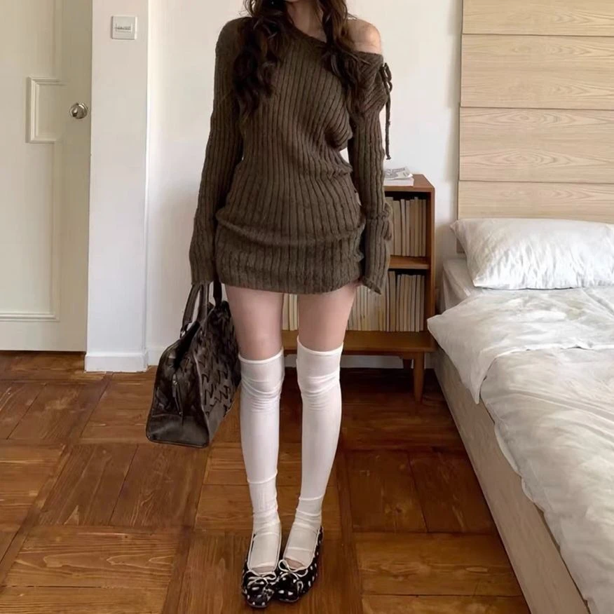 Women Autumn Winter Knitted Dress Sexy Brown Slash Neck Drawstring Slim Fit Casual Korean Chic Bodycon Dresses
