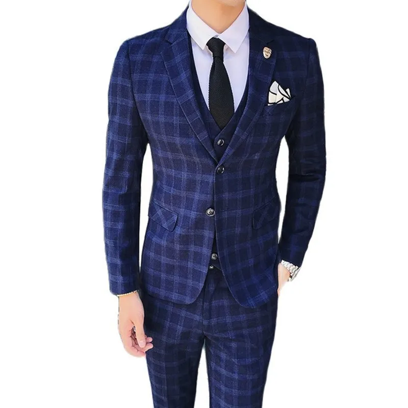 Men's 3 Piece Set Suit Set Coat Vest Pants / Male Business British Style Official Plaid Blazer High Quality Fashion Trousers