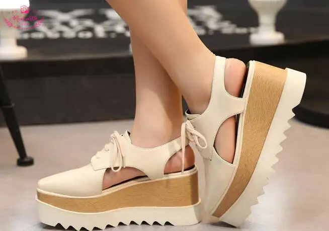 Platform Wedges Runway oxford Shoes Woman Summer Ankle Strap Genuine Leather Rivet Decor Sandal Stars Women Casuals Shoes