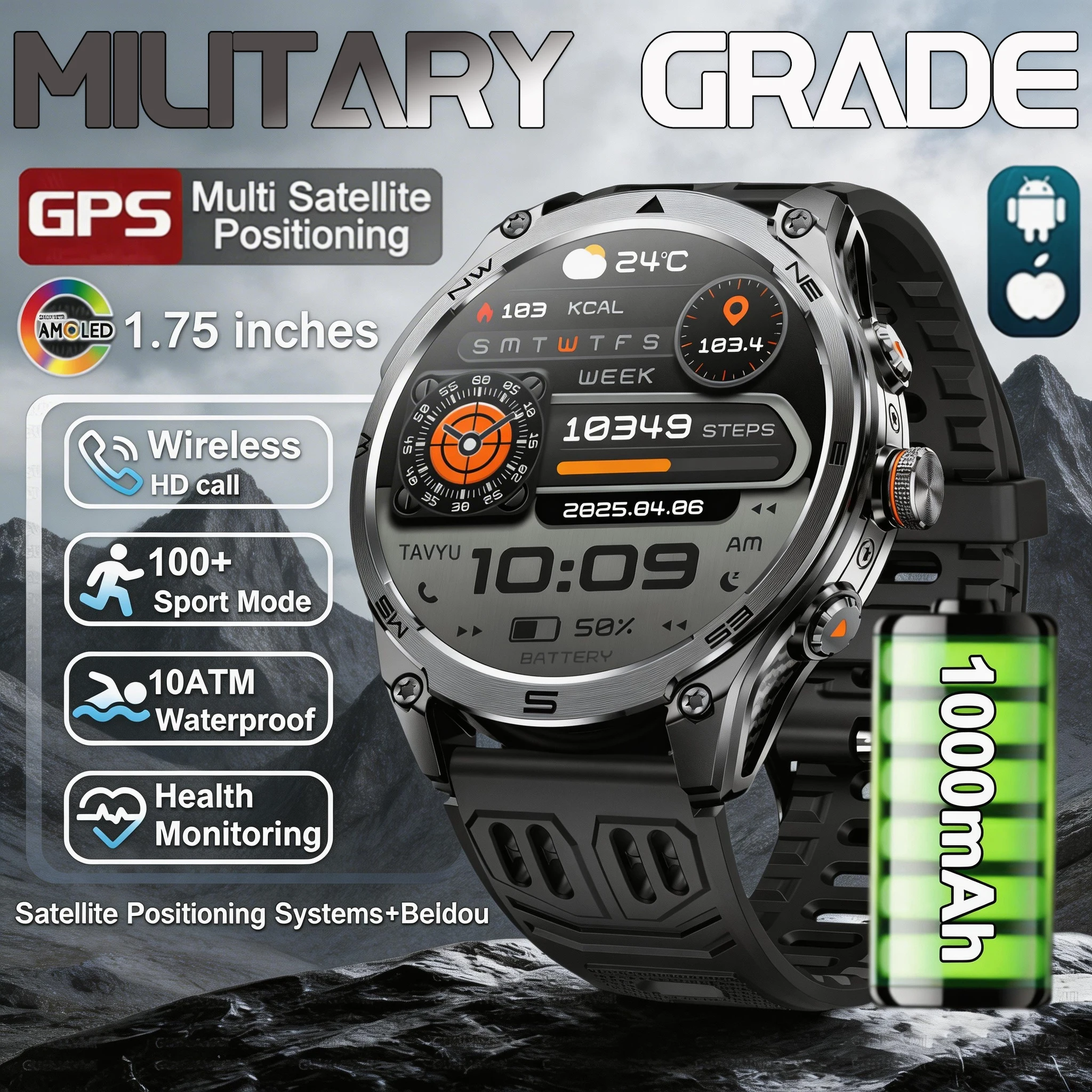 

2026 New Military SmartWatch Men 10ATM Waterproof 1.75inch AMOLED Outdoor compass Sport Fitness GPS Tracker HD BT Call Bracelet