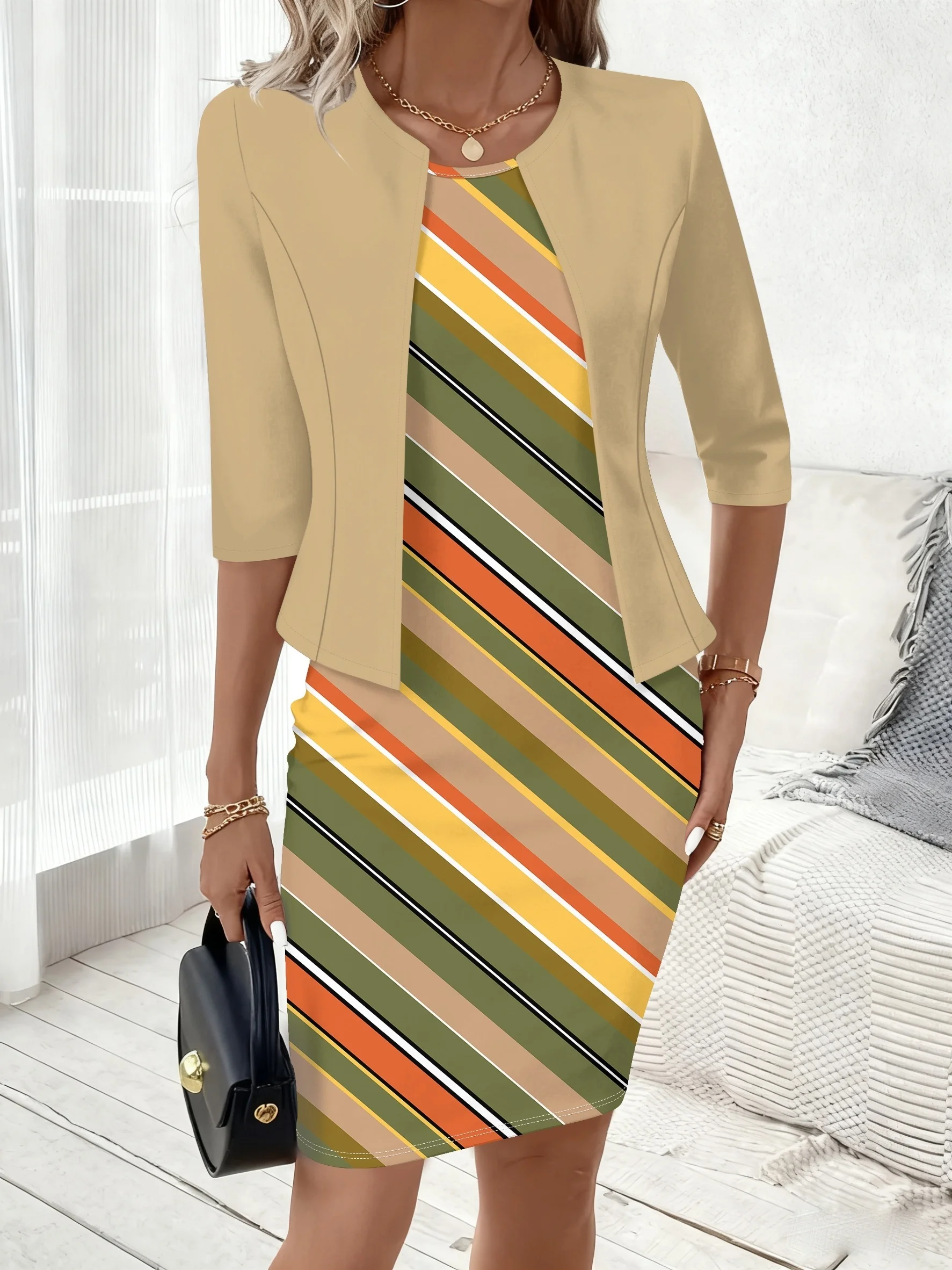 Women 2 Piece Outfit Diagonal Stripe Print Sleeveless Bodycon Midi Dress  3/4 Sleeve Open Front Jacket Set Office Party Matchin