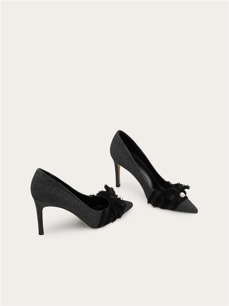 Autumn new pointed shallow mouth denim fabric pearl single shoes banquet large size small size widened high heels women's shoes