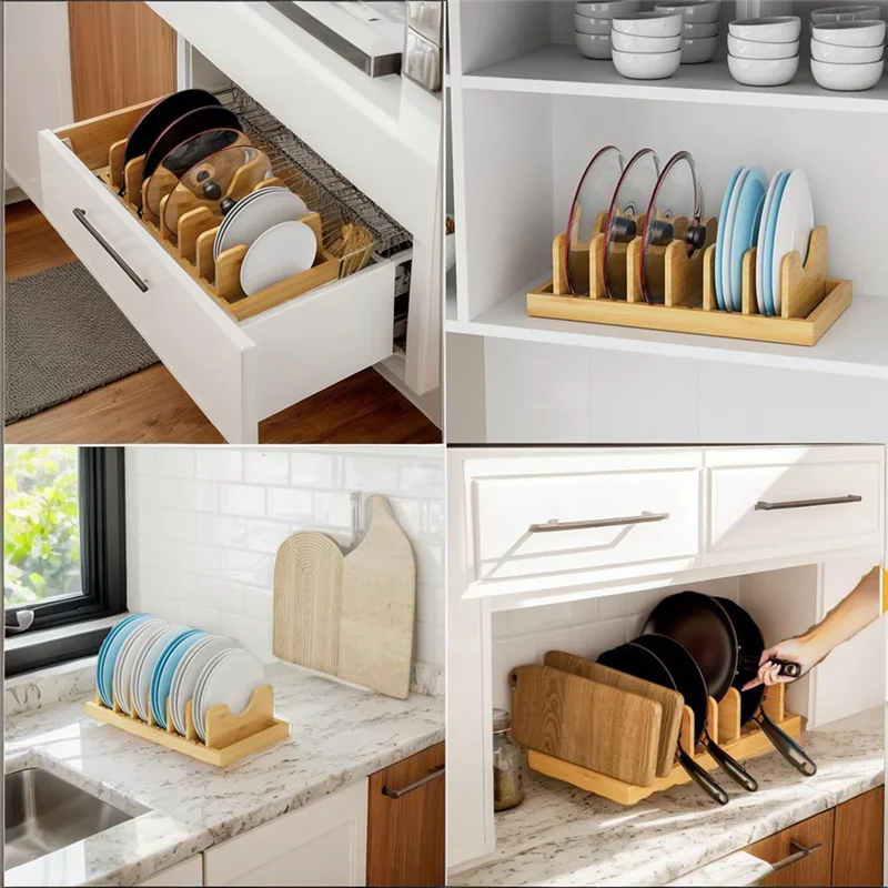 

ABVJ-Bamboo Pot Lid Organizer For Cabinet & Kitchen Counter, Pan Lid Organizer Inside Cabinet, Pot Lid Holder, Sheet Pan Rack