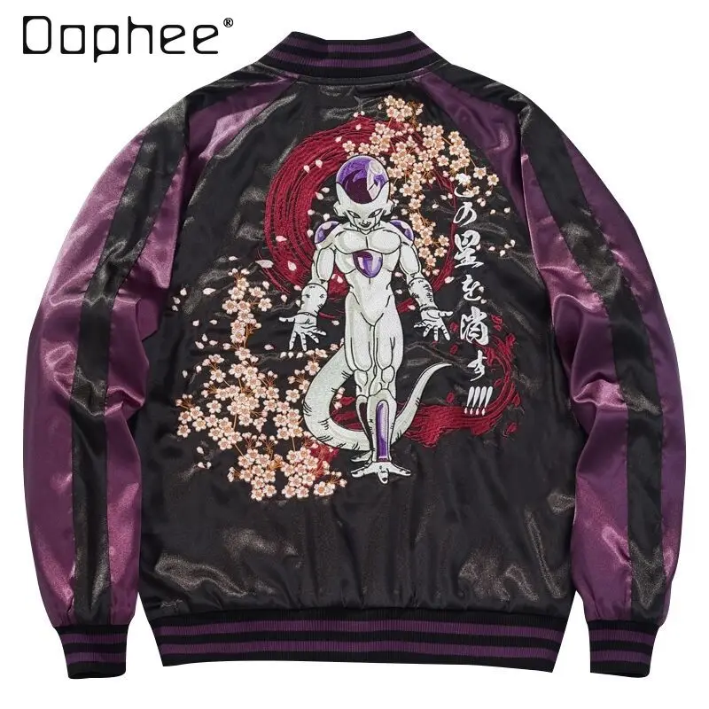 

Spring Autumn Harajuku Style Cartoon Heavy Embroidery Flower Baseball Jacket Men's Top Purple Trendy Handsome Street Casual Coat