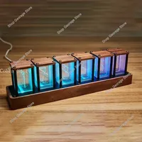 LED Tube Clock Vintage Digital RGB Glow Tube Clock Timer 12/24 Hours Adjustable Walnut Wood Base Alarm Clocks Table Decoration