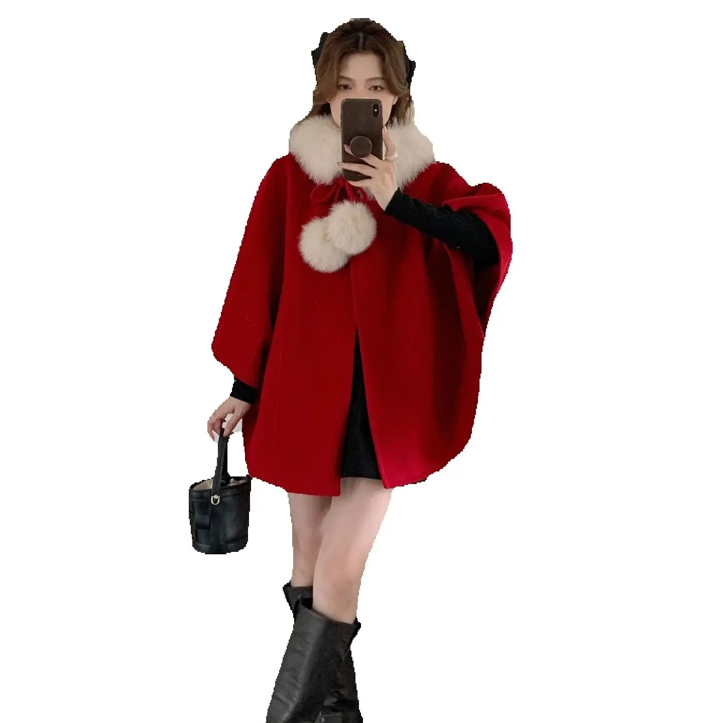 Rose Fairy 2025 Autumn/Winter New Fox fur collar red cape Double-sided woolen cashmere coat, woolen jacket for women