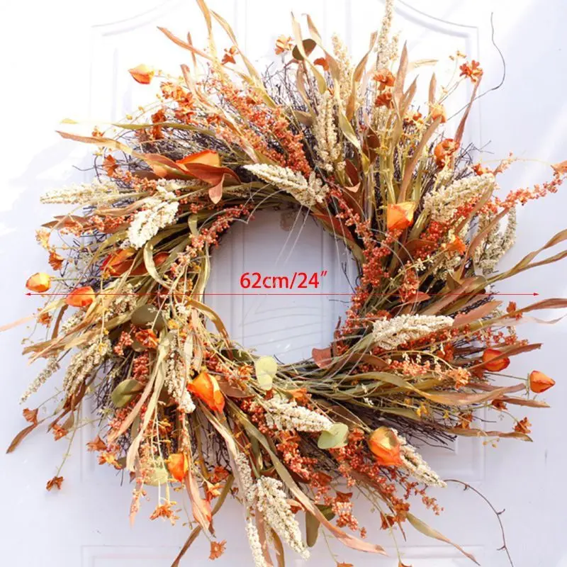 24 Inch Autumn Wheat Ear Wreath Harvest Grain Garland Front Door Home Wedding Decor Fall Circle Ornament