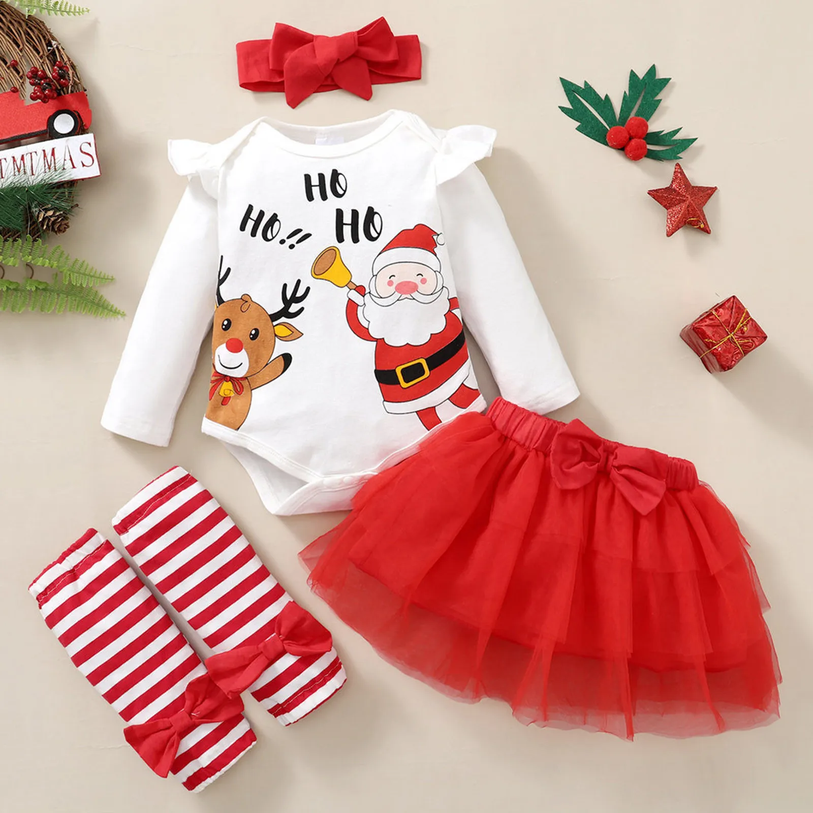 Toddler Kids Girls My First New Year Costume For Baby Santa Romper+Red Skirts+Knee Pads+Headband 4pcs Baby Christmas Outfit Girl